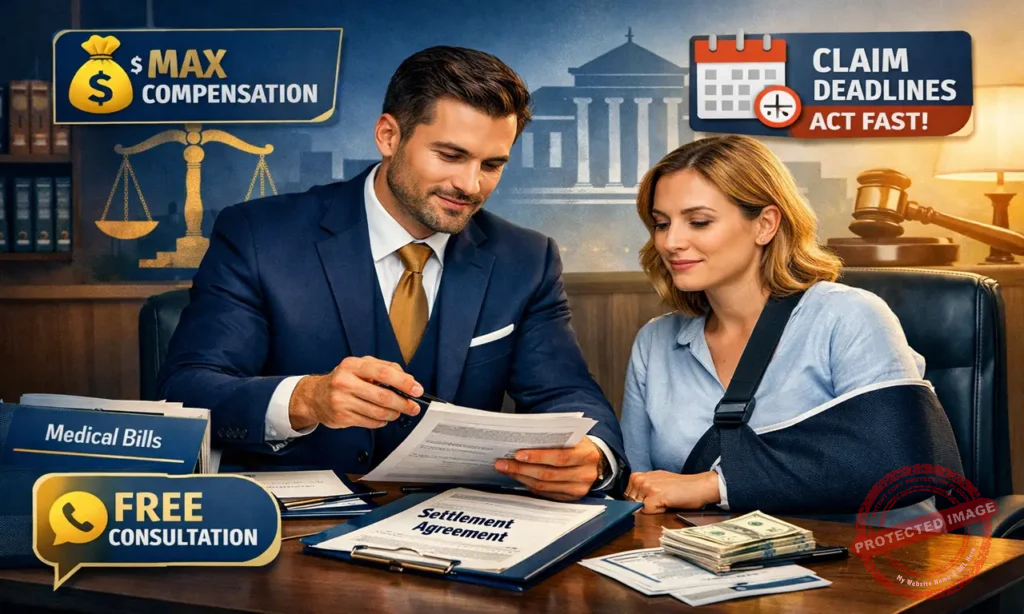 Professional legal consultation scene showing a top injury attorney near me helping an accident victim