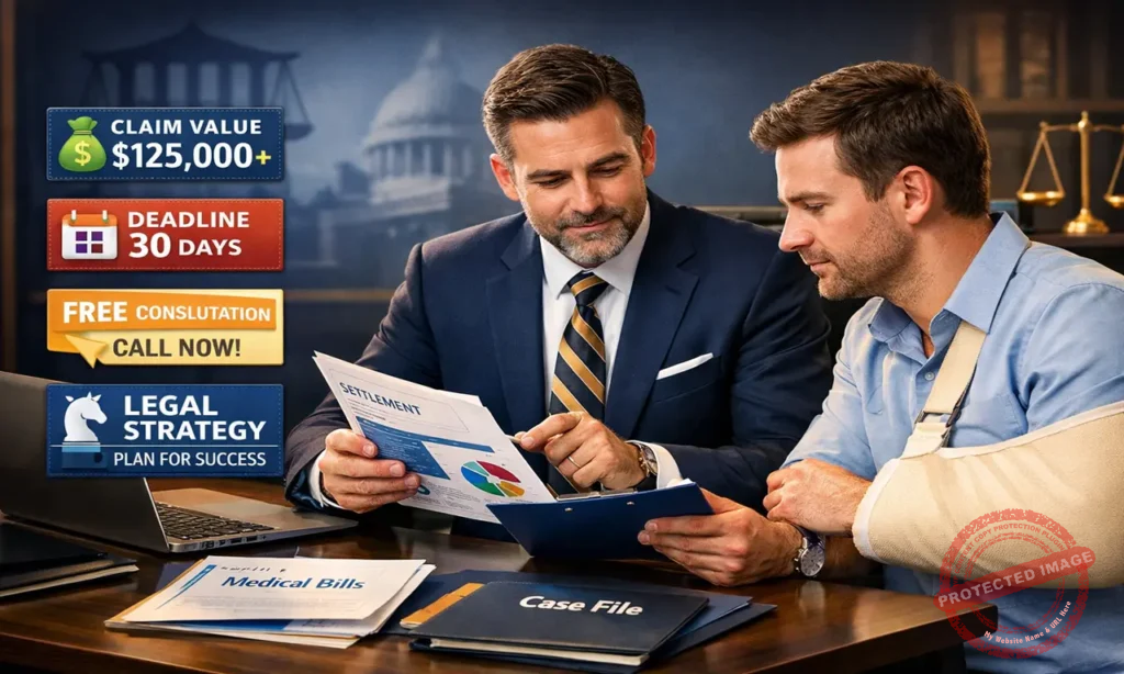 Professional injury compensation attorney helping an accident victim review a legal claim