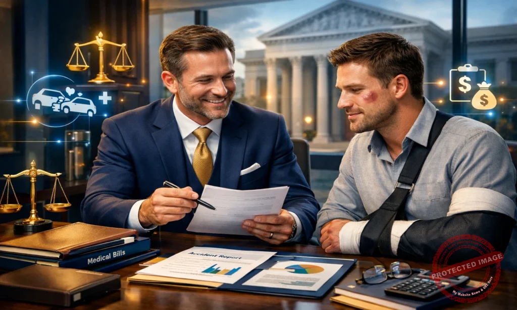 Professional Injury Claim Attorney reviewing accident compensation paperwork with injured client