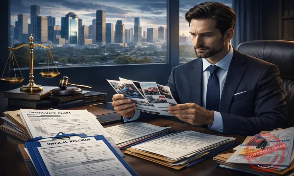 personal injury lawyer reviewing accident claim documents for injured victim