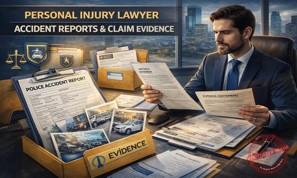 personal injury lawyer reviewing accident reports and claim evidence