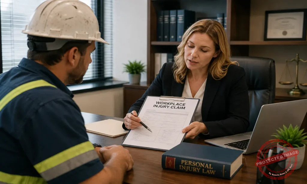 Workplace injury lawyer discussing a workplace accident claim with an injured worker