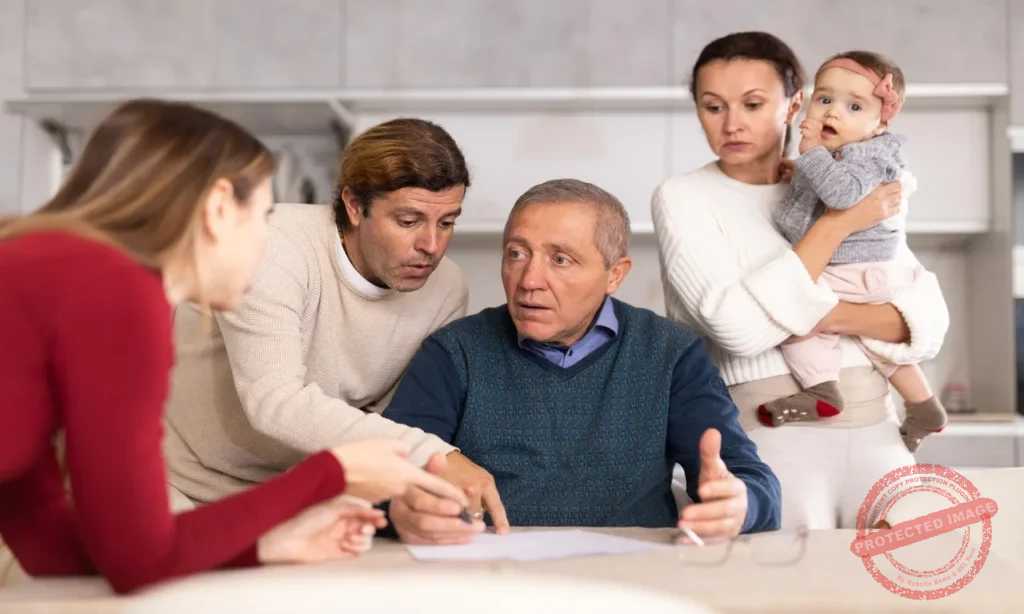 Will drafting attorney reviewing family inheritance and legal will documents
